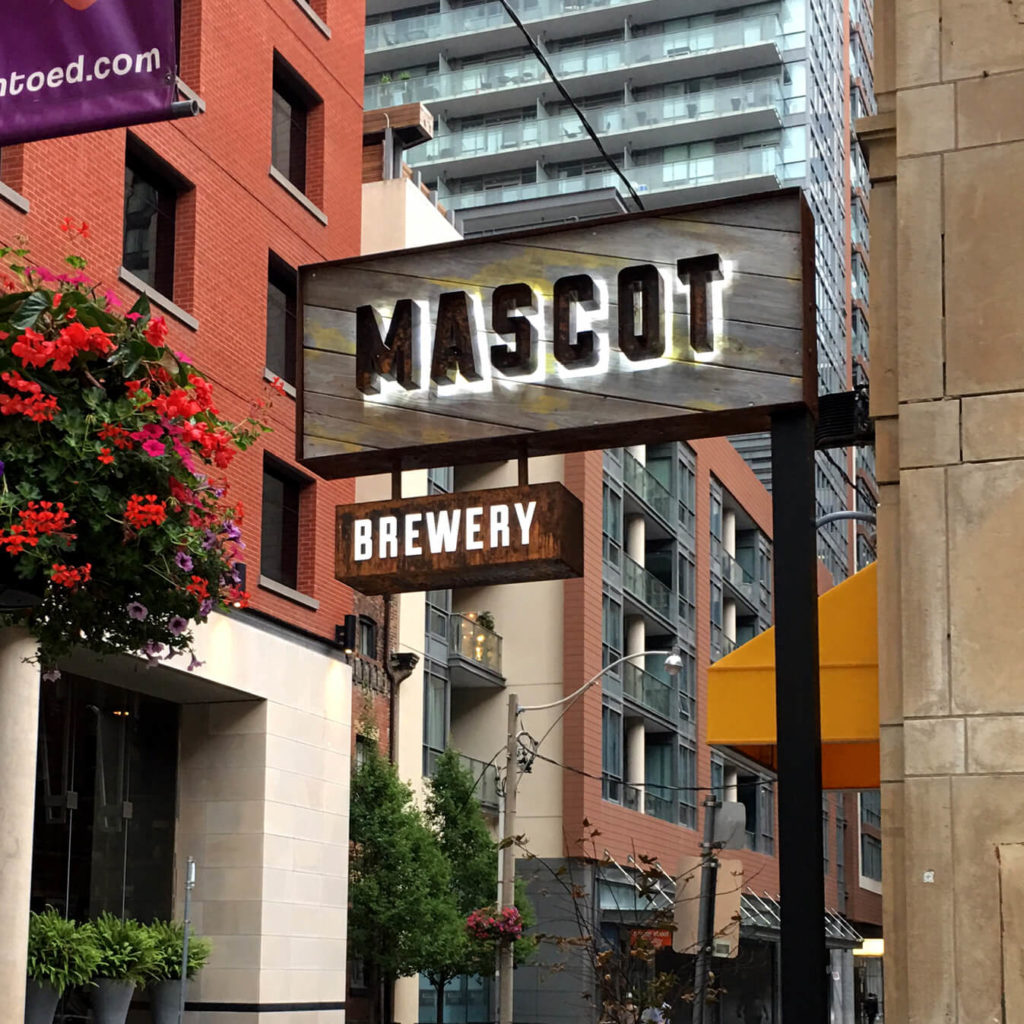 Best Toronto custom made sign for Mascot Brewery. Metal Channel letters backlit rustic custom design, fabrication and install by Sign Nation. Newmarket, York Region, Ontario, Richmond Hill, Vaughan, Brampton