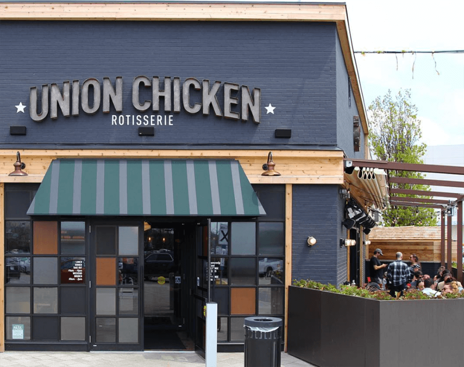 Best outdoor Signage for Union Chicken restaurant with metal channel letters signage custom fabrication install outdoor shop Toronto, GTA, Newmarket, Richmond Hill, Vaughan, York Region and Ontario