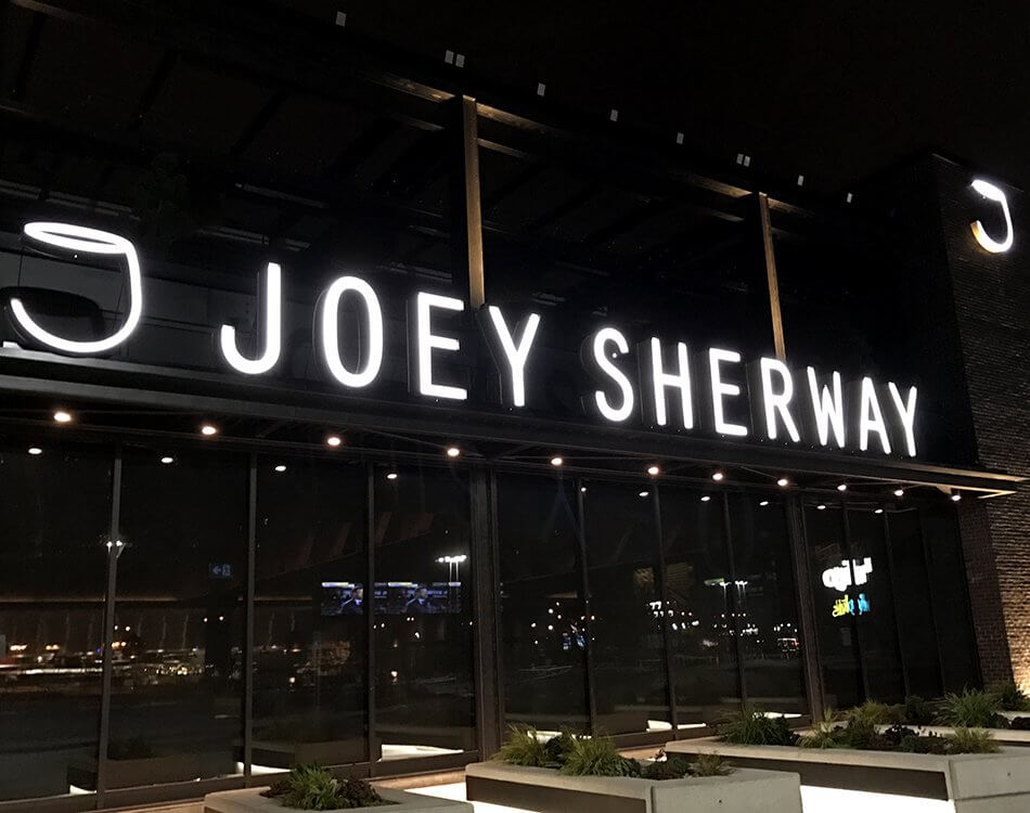 outdoor metal lights Restaurant signs for Joey Sherway. Best in Toronto, GTA and Newmarket Signage, design, fabrication installation modern outdoor store signage