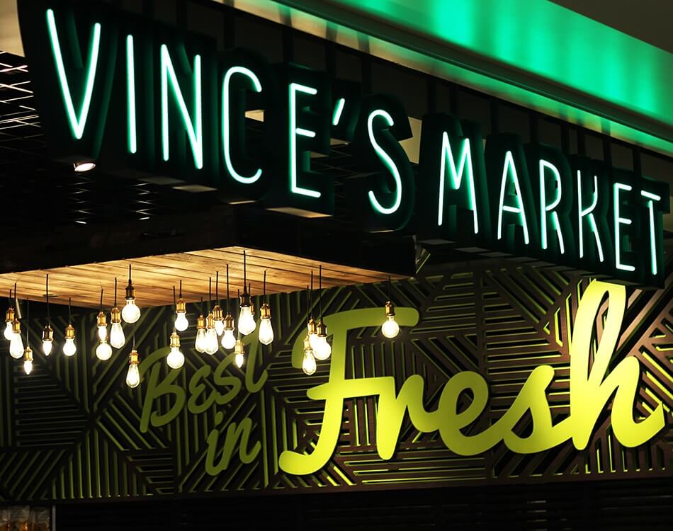 Vince's Market Upper Canada Mall Grocery store best custom indoor and outdoor Restaurant Sign in Toronto, GTA, Newmarket, York Region, Richmond Hill and Vaughan neon sign
